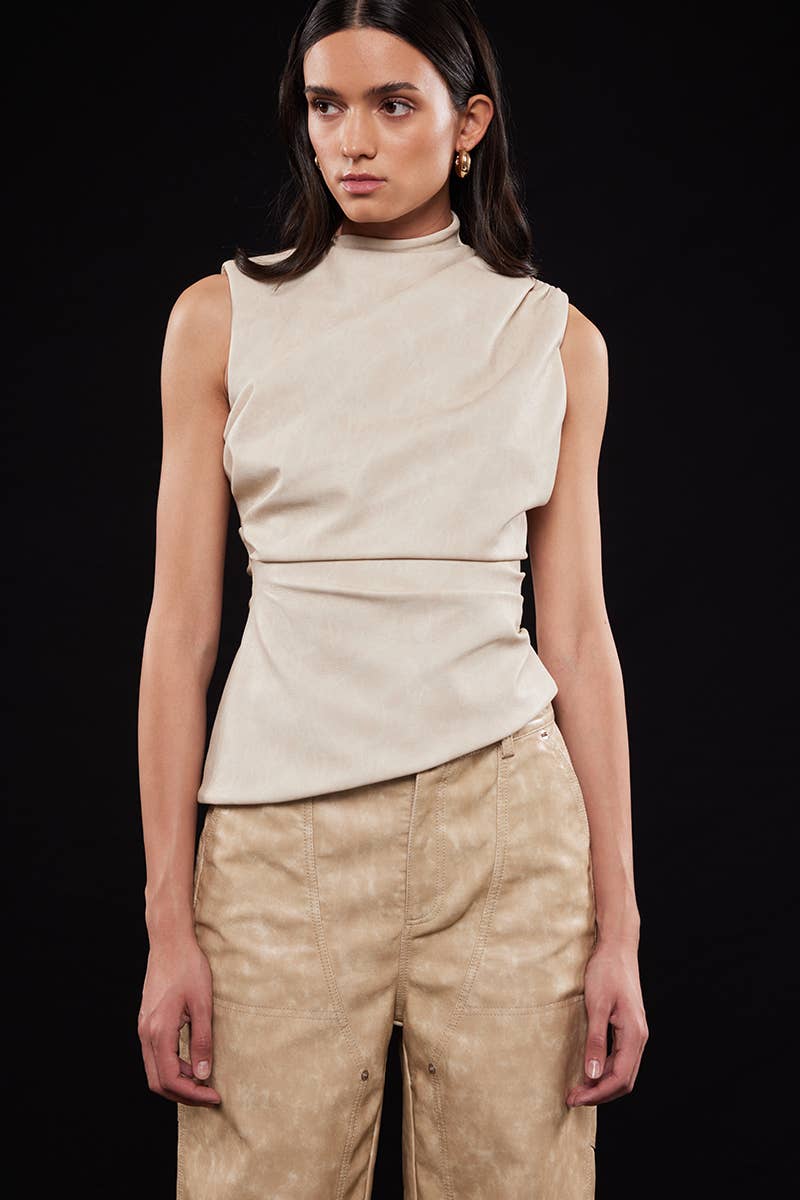 ASYMMETRIC PLEATHER MOCK NECK SLEEVELESS TOP-TI6804FO