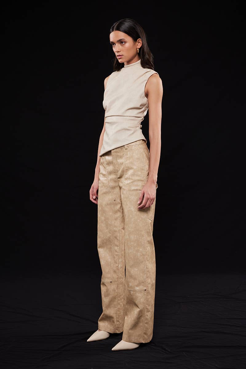 ASYMMETRIC PLEATHER MOCK NECK SLEEVELESS TOP-TI6804FO