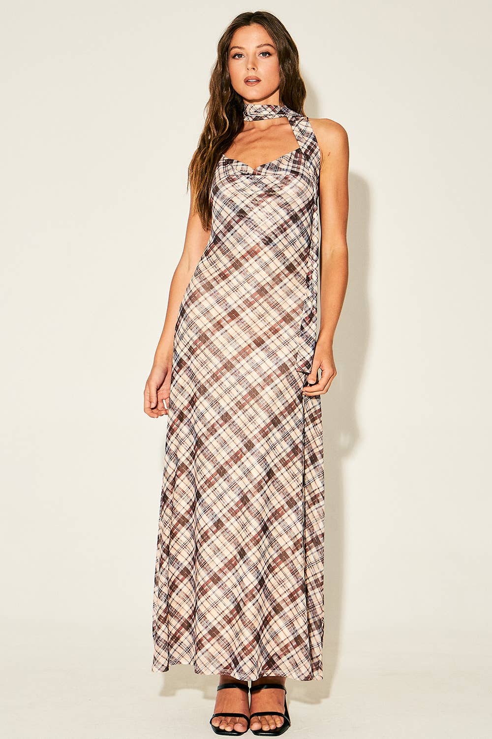 Rya Plaid Halter Neck Open Back Maxi Dress with Scarf