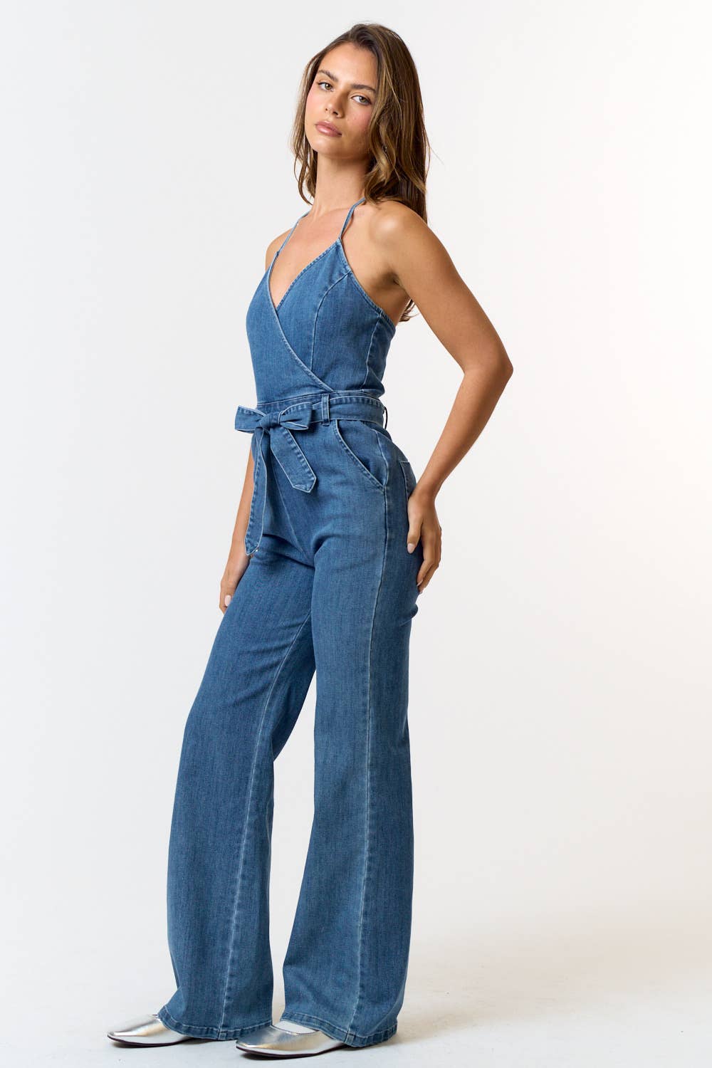 IBR06185  DENIM HALTER NECK BELTED JUMPSUIT