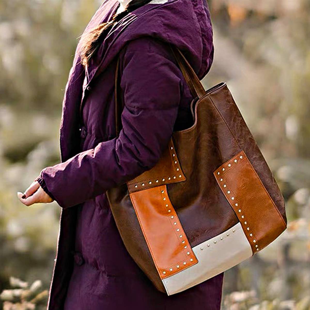 WOMEN RIVET CONTRAST SPLICING ONE SHOULDER HANDBAG