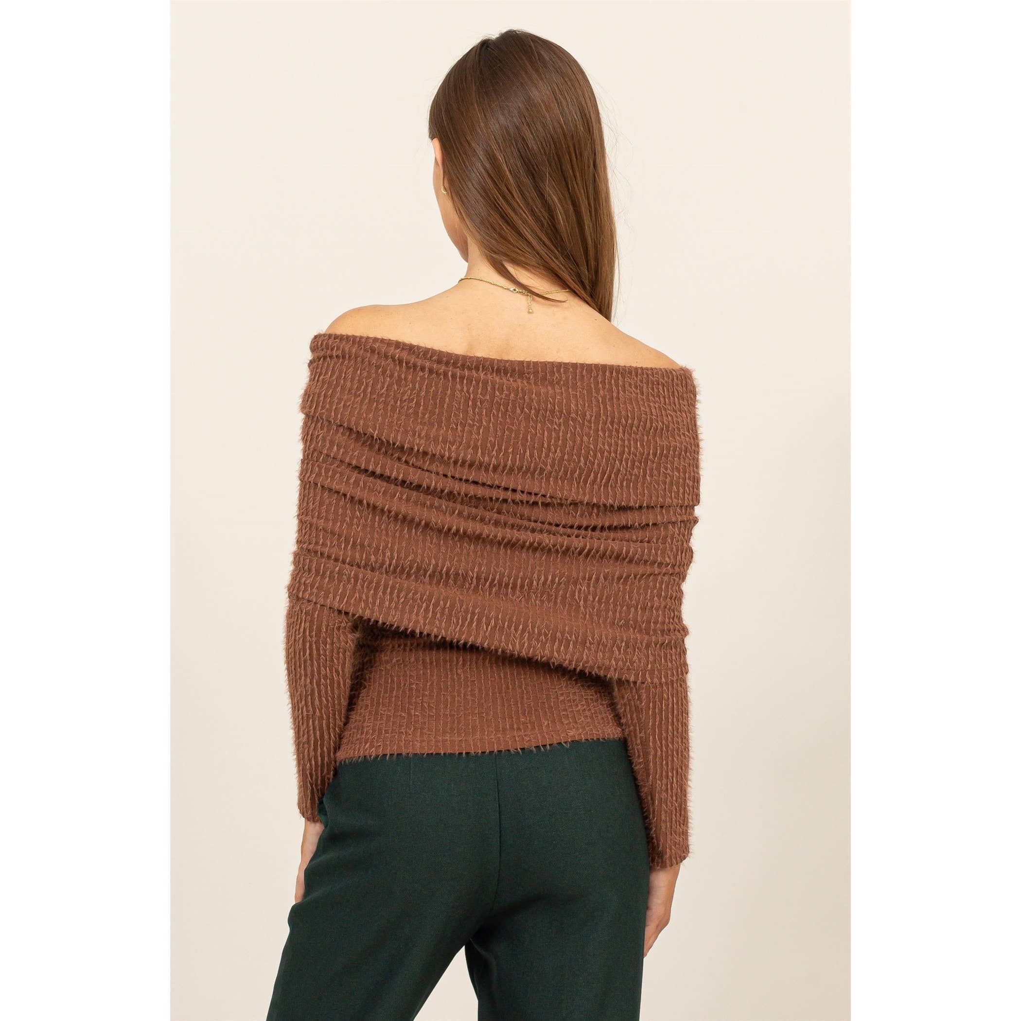 FUZZY OFF-THE-SHOULDER TEXTURED SWEATER