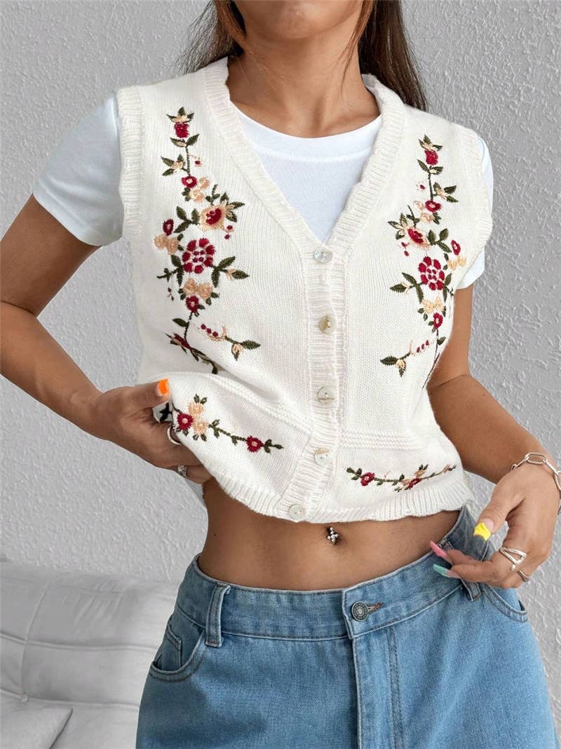 Vintage Floral Embroidered Button-Up Knit Vest