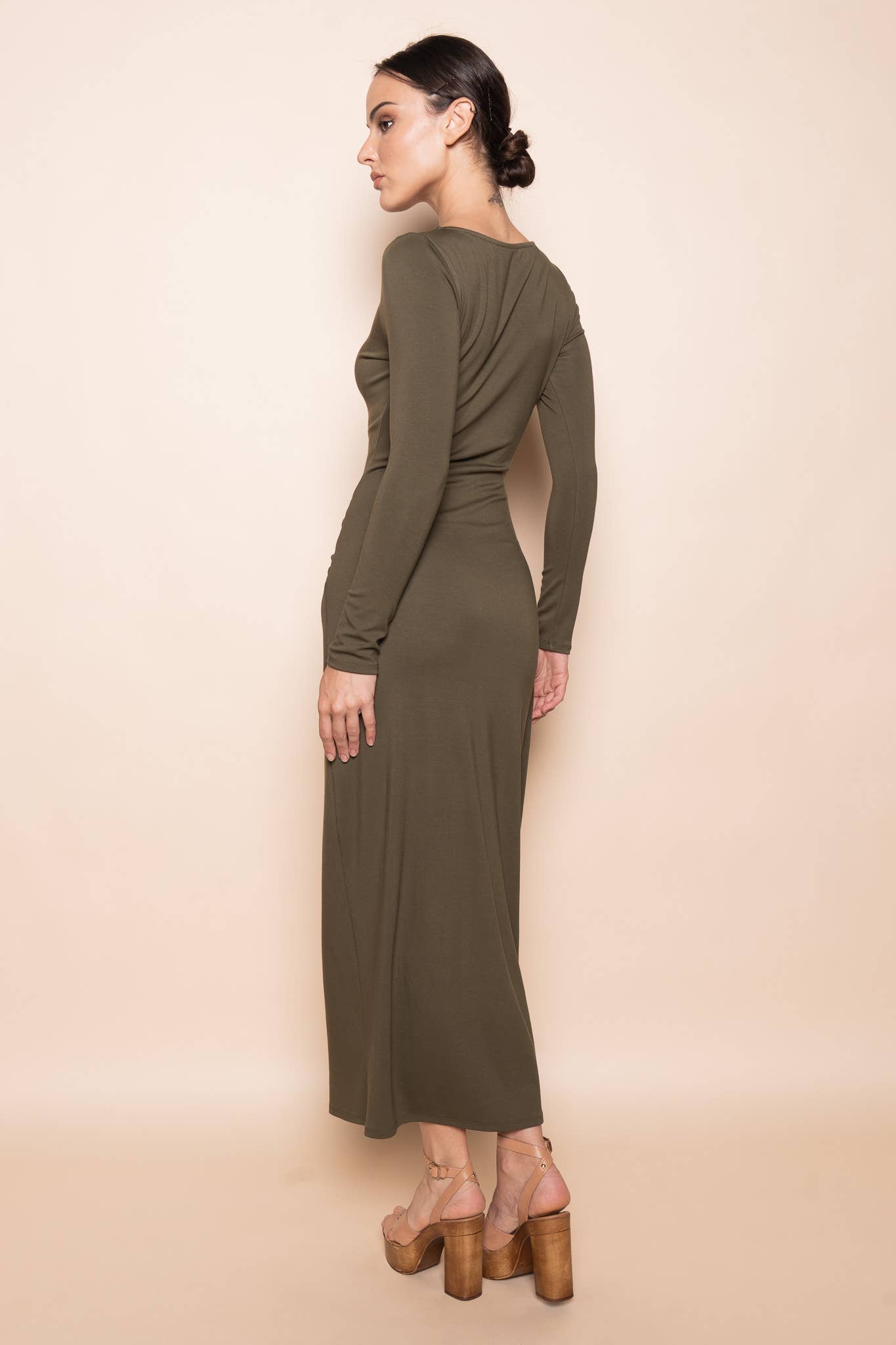 CHIC WRAP PANEL BUCKLE LONG SLEEVE MAXI DRESS-DD10840FO