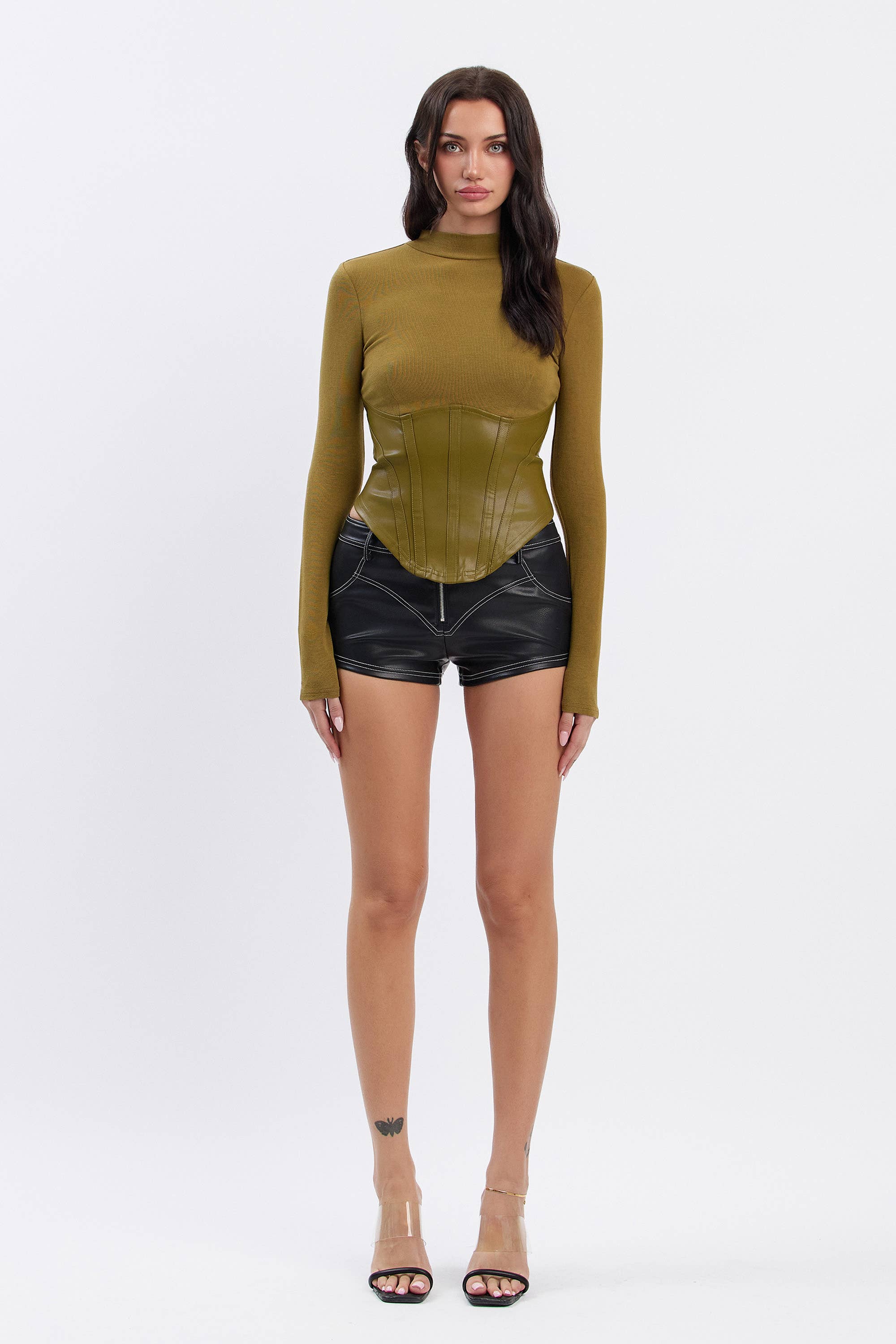 Nuri Soft ribbed mock neck top w/ pu contrast