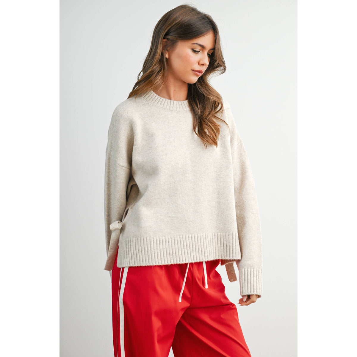 Cora Tie Split-Hem Crewneck Long Sleeve Top