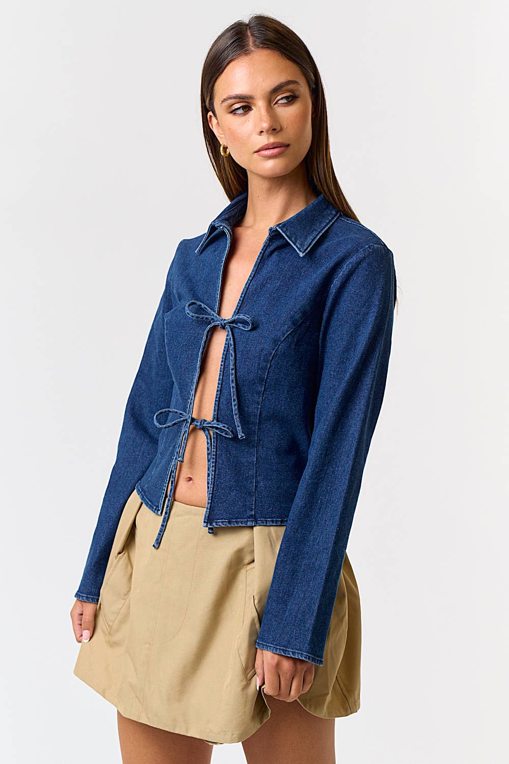 Lyra DENIM FRONT TIE COLLARED LONG SLEEVE TOP