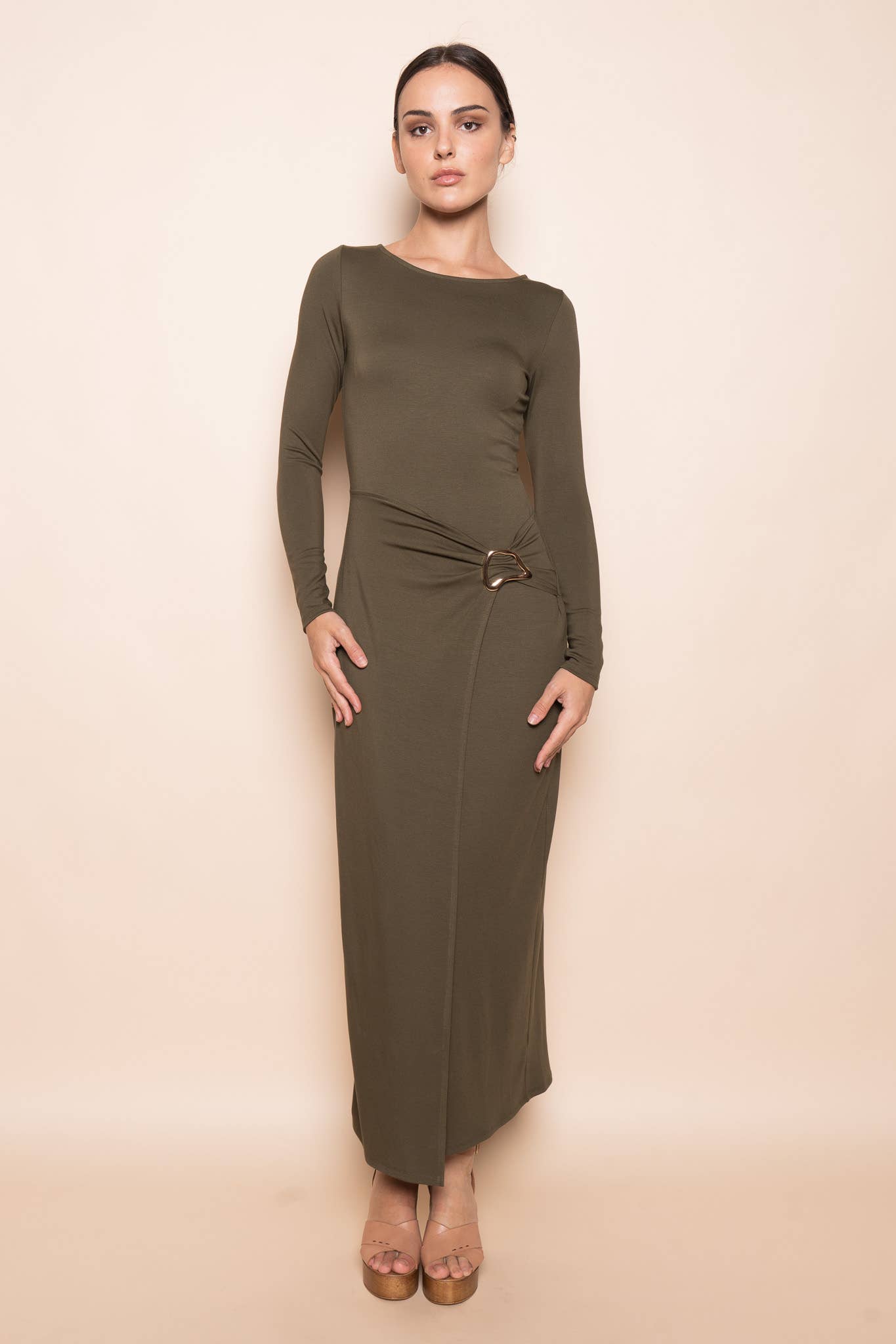 CHIC WRAP PANEL BUCKLE LONG SLEEVE MAXI DRESS-DD10840FO
