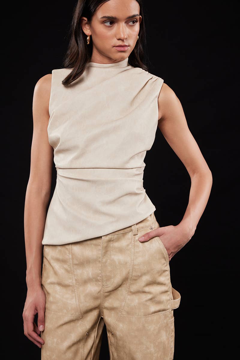 ASYMMETRIC PLEATHER MOCK NECK SLEEVELESS TOP-TI6804FO
