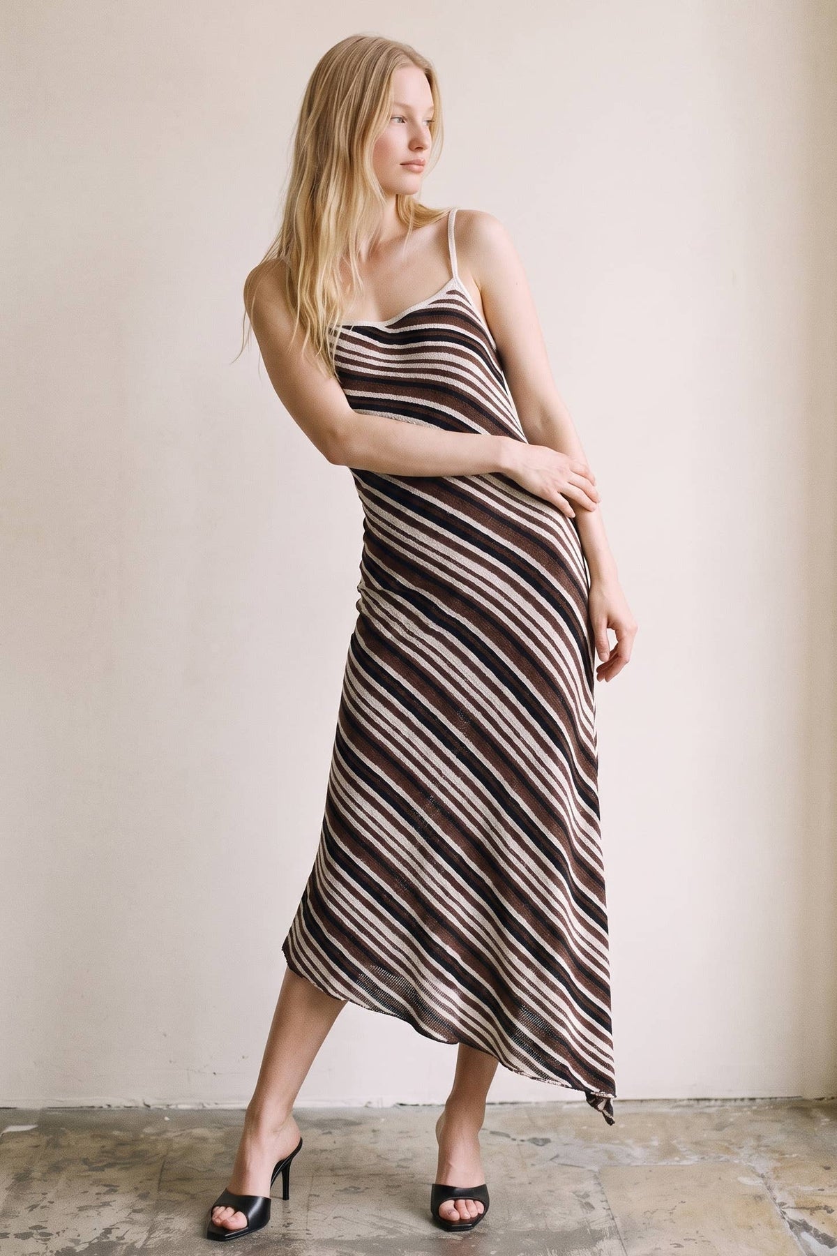 Arabella Diagonal Striped Asymmetric Hem Midi Dress