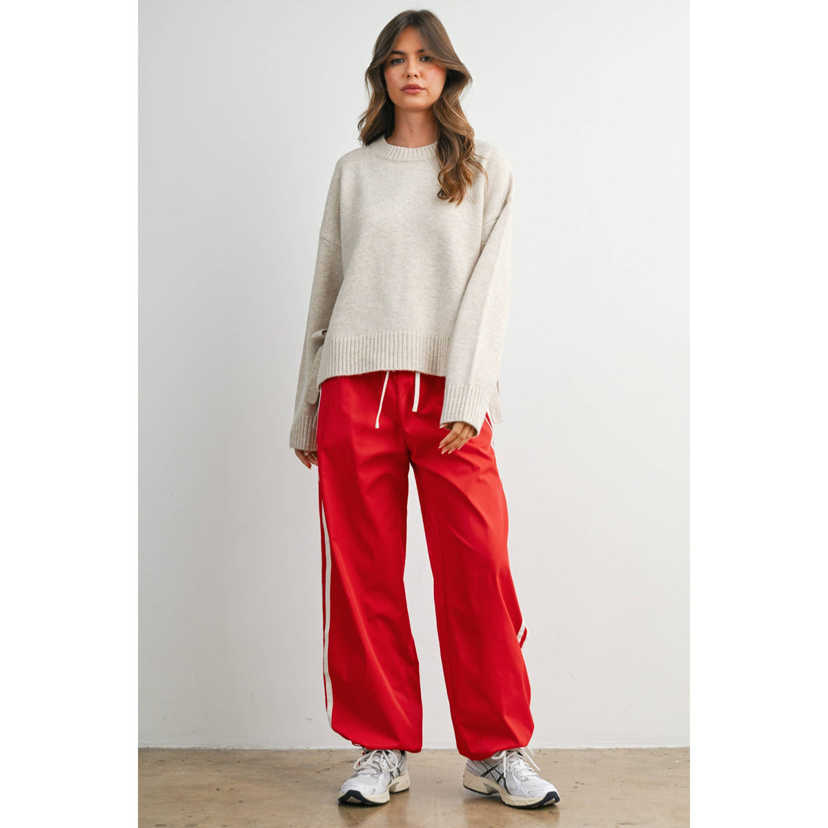 Cora Tie Split-Hem Crewneck Long Sleeve Top