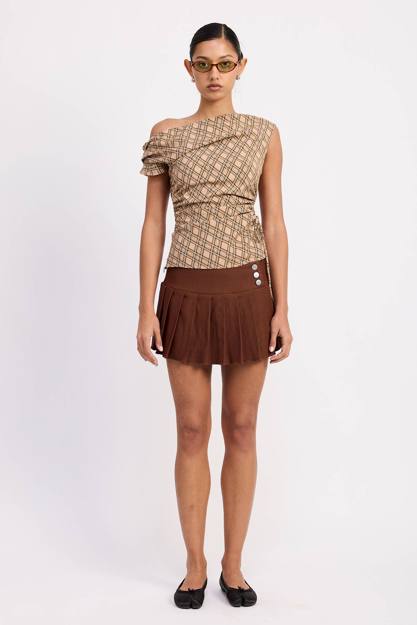 ASYMMETRIC ONE SHOULDER RUCHED PLAID TOP