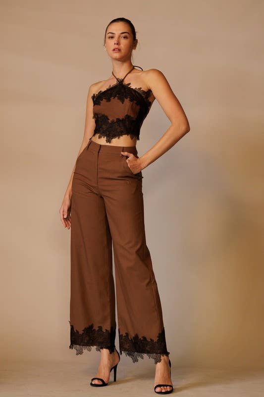 Lace Hem Wide-Leg Pants
