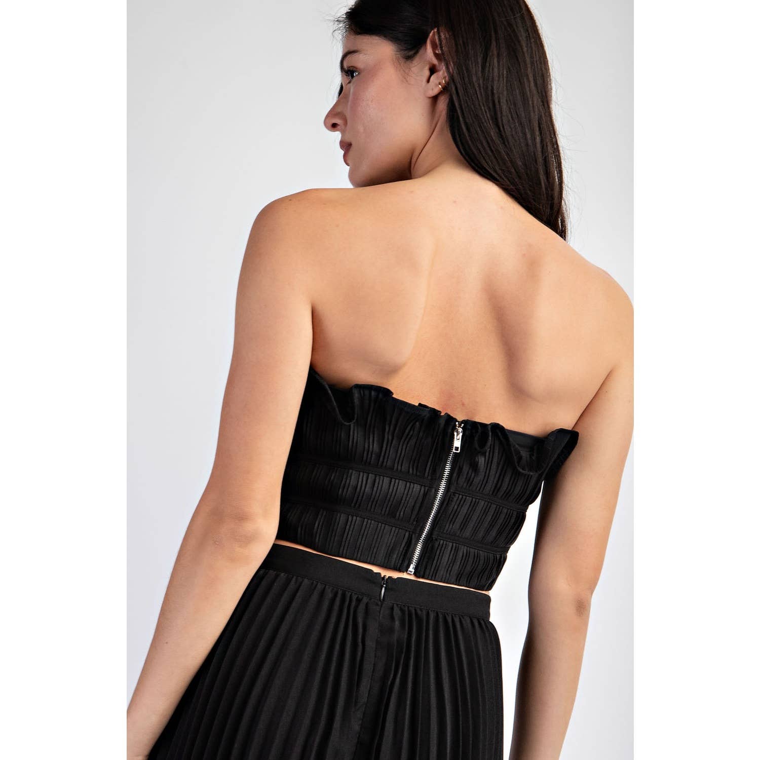 Luna PLEATED SATIN TUBE TOP WITH FRILLED NECKLINE