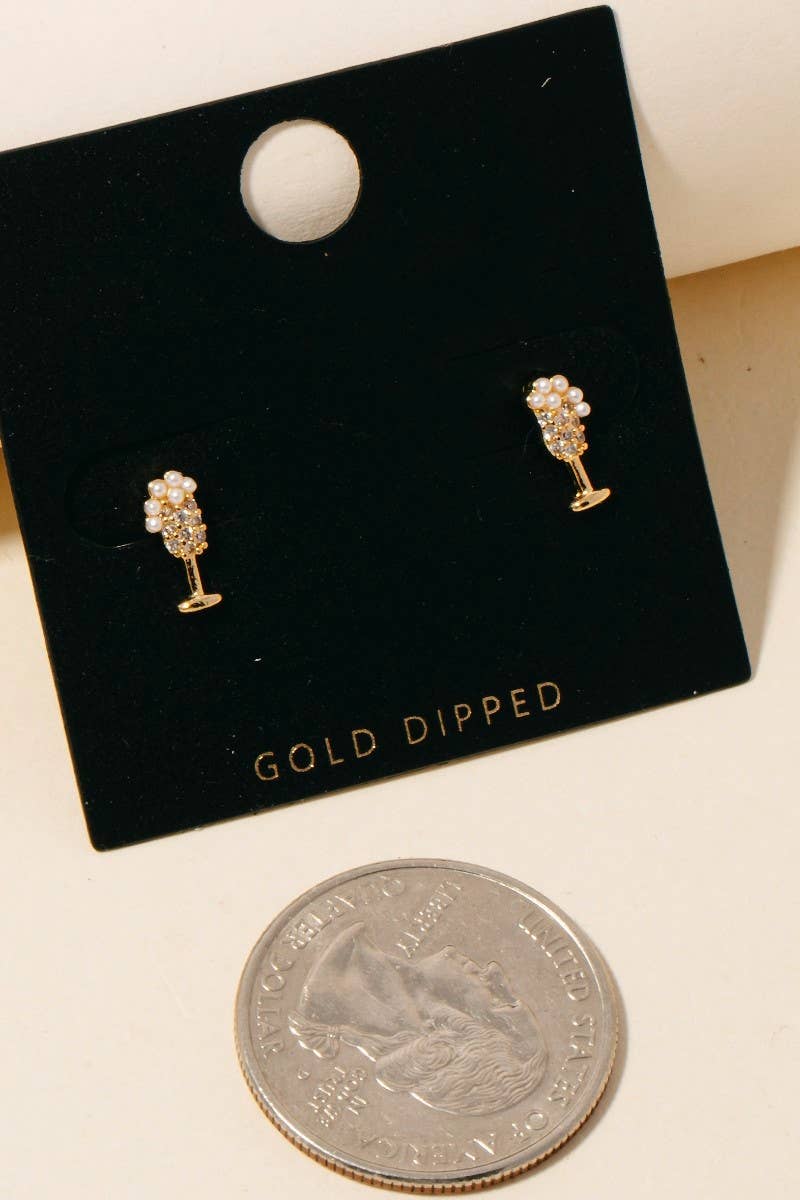 Gold Dipped Cz And Pearl Champagne Glass Stud Earrings