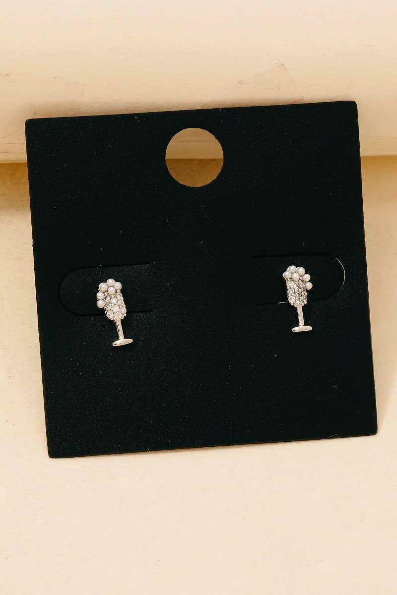 Gold Dipped Cz And Pearl Champagne Glass Stud Earrings