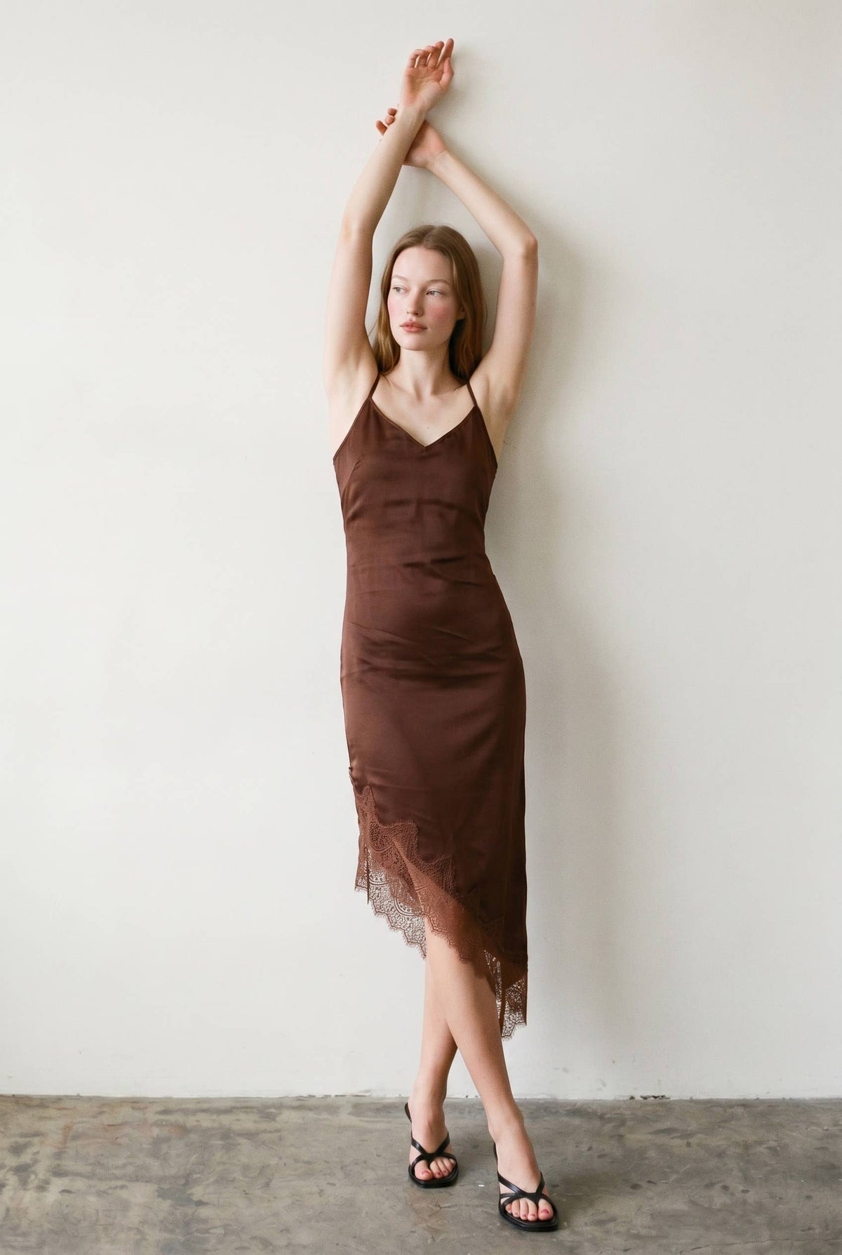 Kaelie Satin Asymmetrical Hem Lace Dress