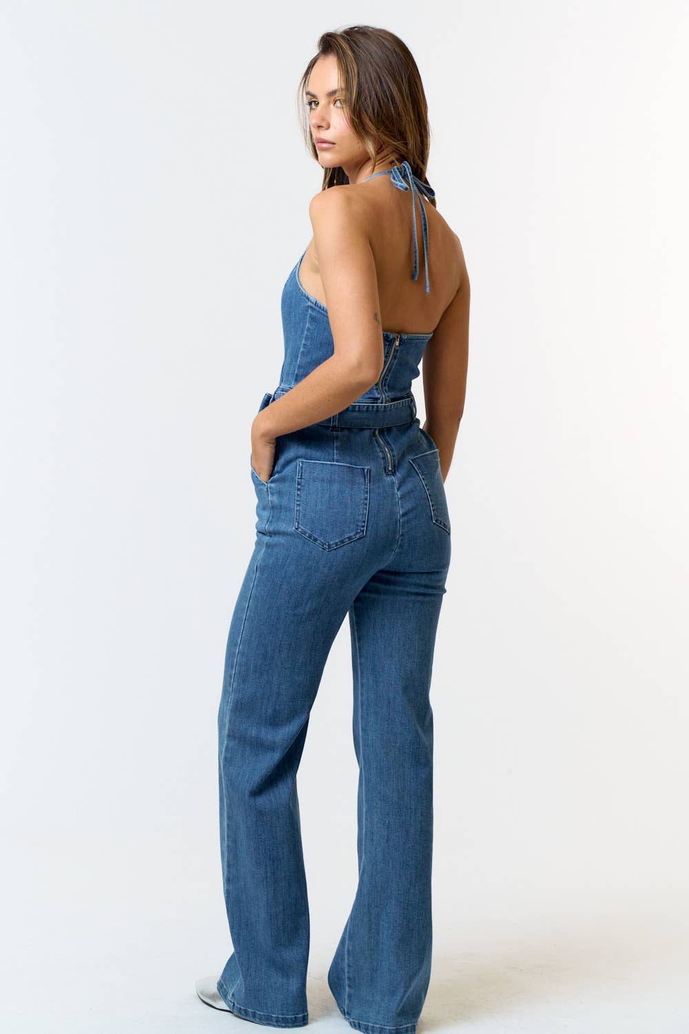 IBR06185  DENIM HALTER NECK BELTED JUMPSUIT