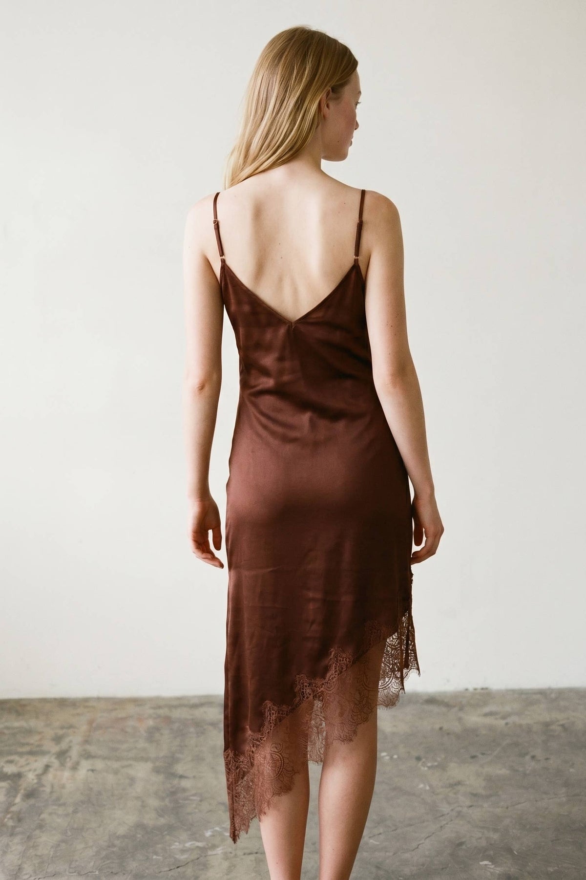 Kaelie Satin Asymmetrical Hem Lace Dress