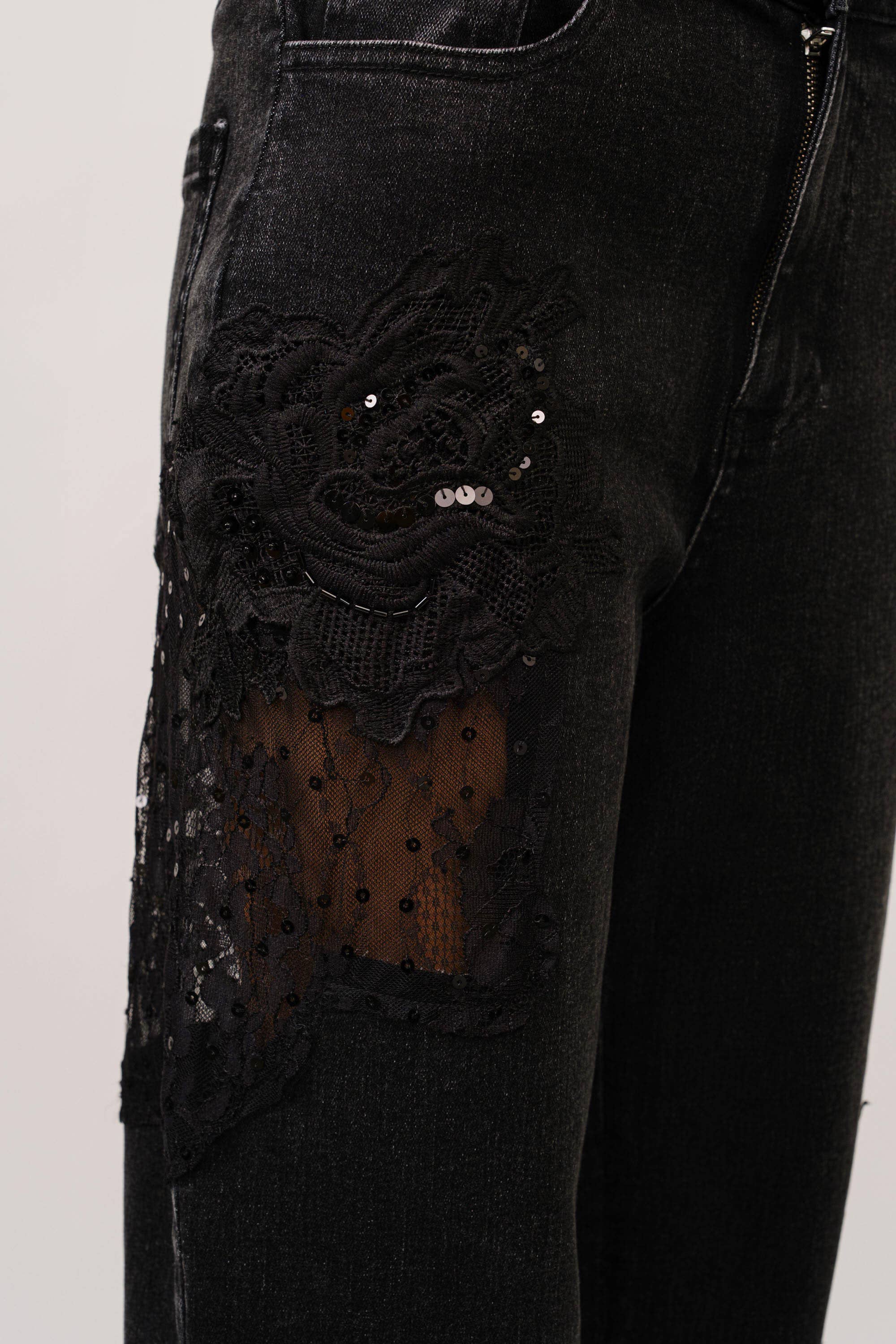 Lace Patchwork Straight Leg Jeans
