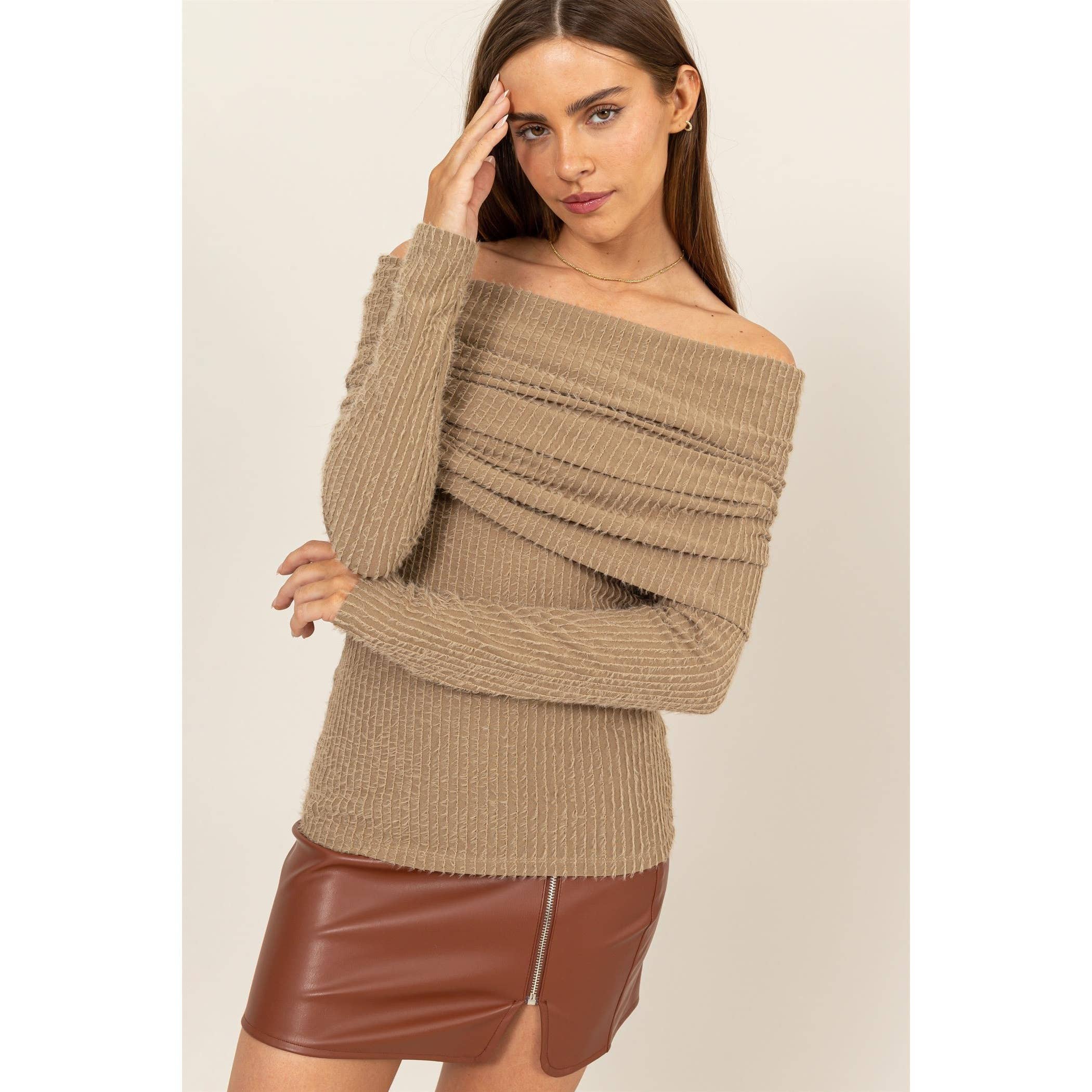 FUZZY OFF-THE-SHOULDER TEXTURED SWEATER