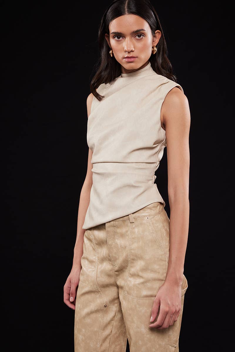 ASYMMETRIC PLEATHER MOCK NECK SLEEVELESS TOP-TI6804FO