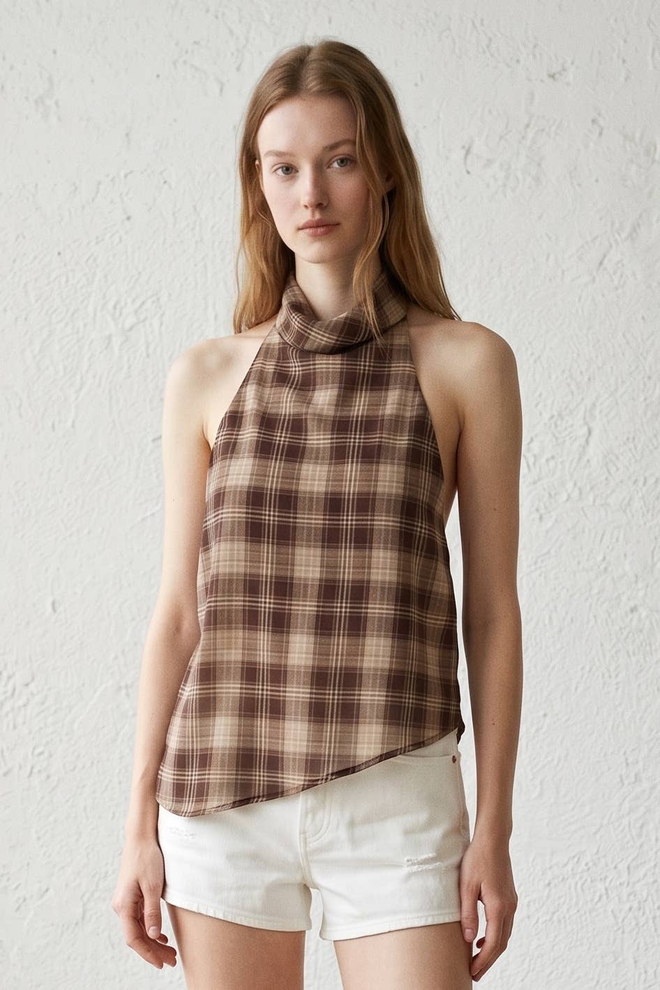 Karina Check Chiffon High Cowl Neck Top
