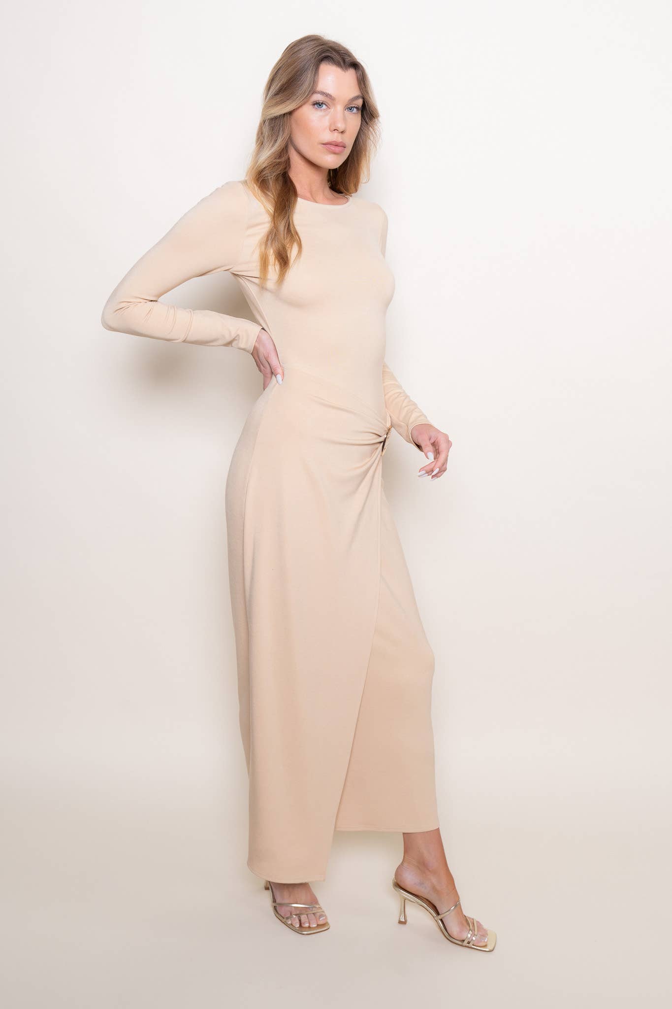 CHIC WRAP PANEL BUCKLE LONG SLEEVE MAXI DRESS-DD10840FO