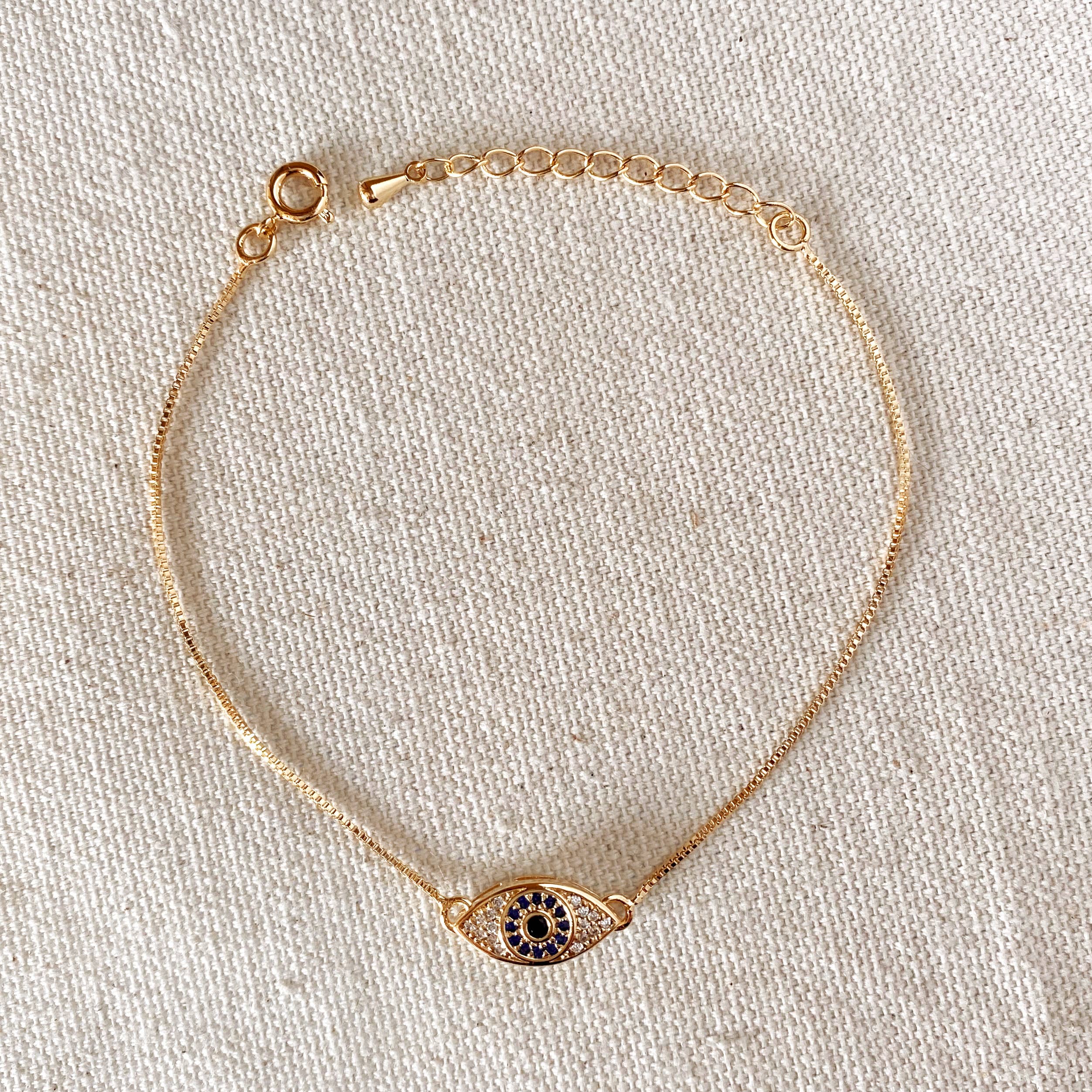 18K Gold Filled Evil Eye Bracelet with Sapphire and Clear CZ