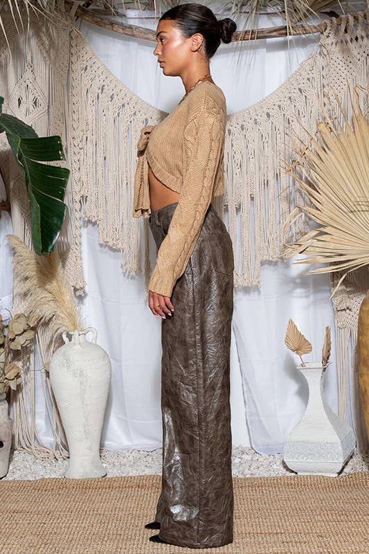 Crinkled Vintage Effect Vegan Leather Pants