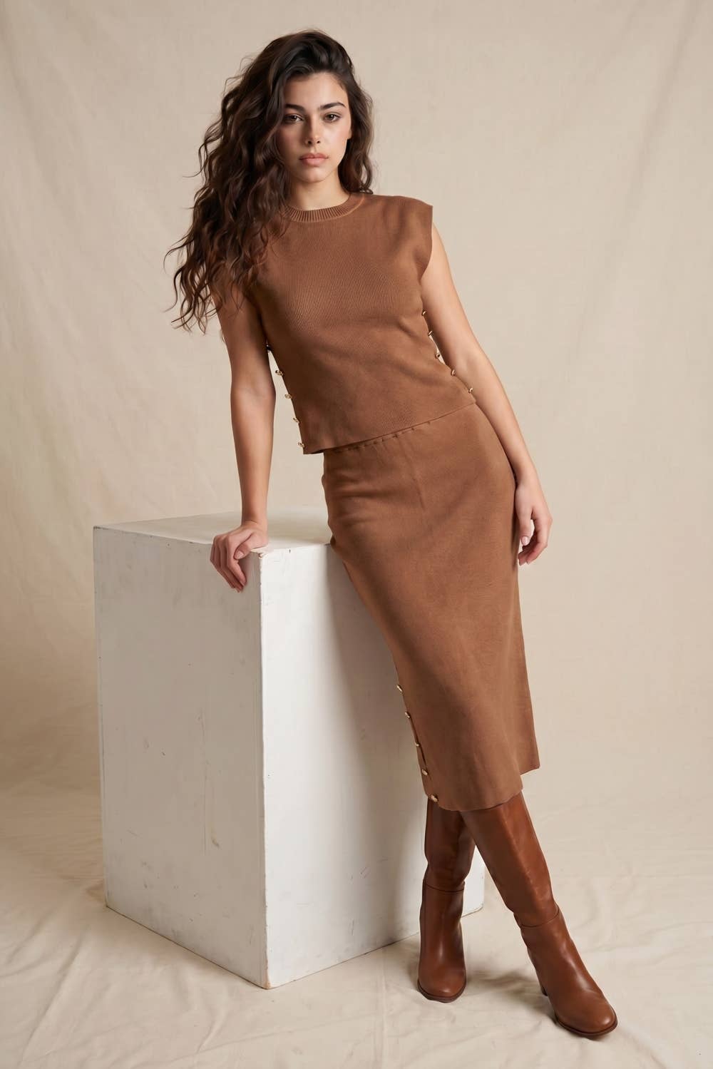 Ribbed Knit Midi Skirt with Side Gold Buttons