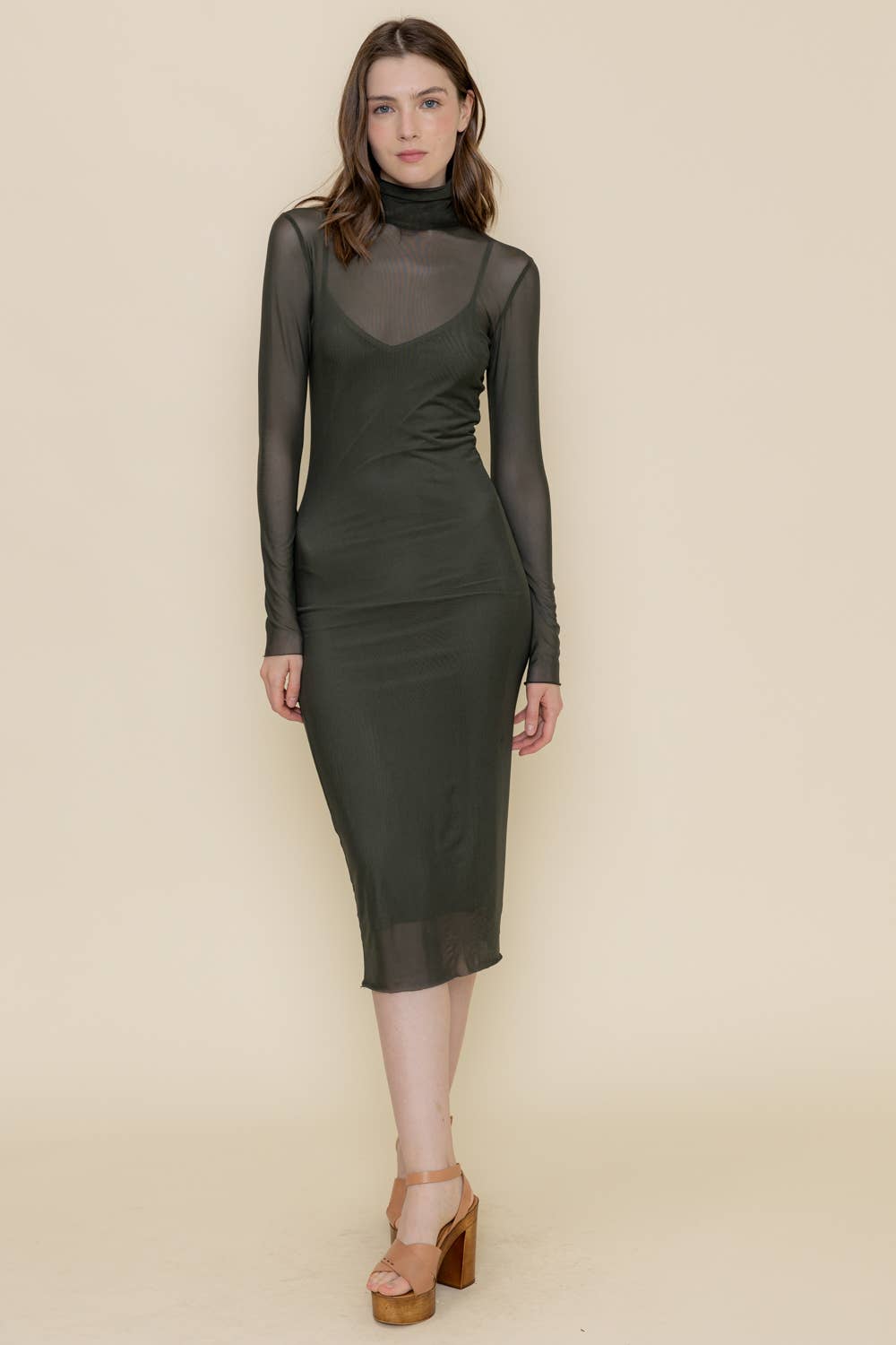 Heidi BODYCON MOCK NECK MESH LONG SLEEVE MIDI DRESS